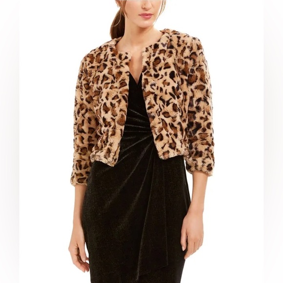 Calvin Klein Cropped Leopard Faux Fur Coat Jacket Sweater - Picture 9 of 9